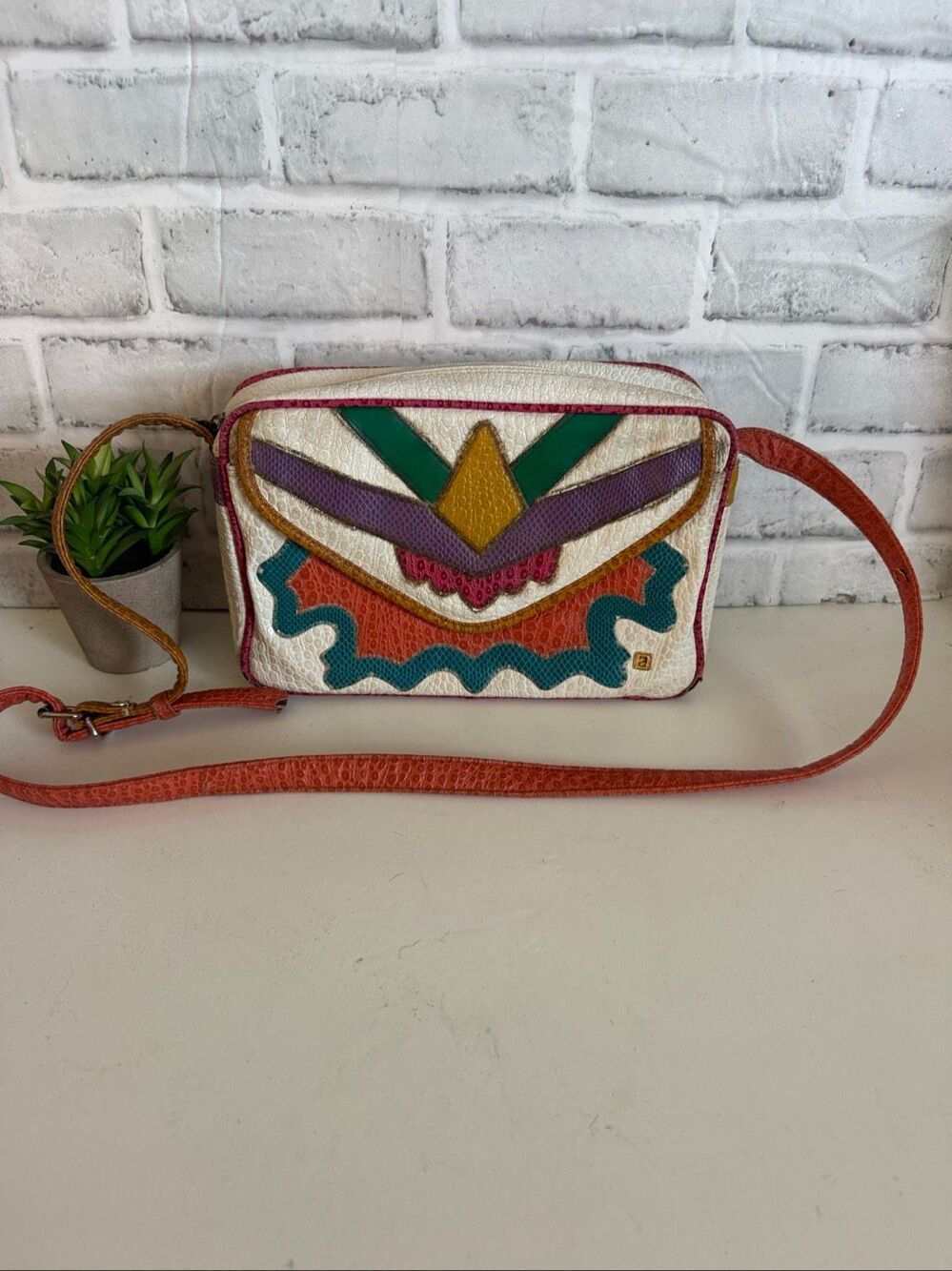 Vintage 1980s NAS Bag Multicolor Patchwork Leather Crossbody Purse Boho Geometri